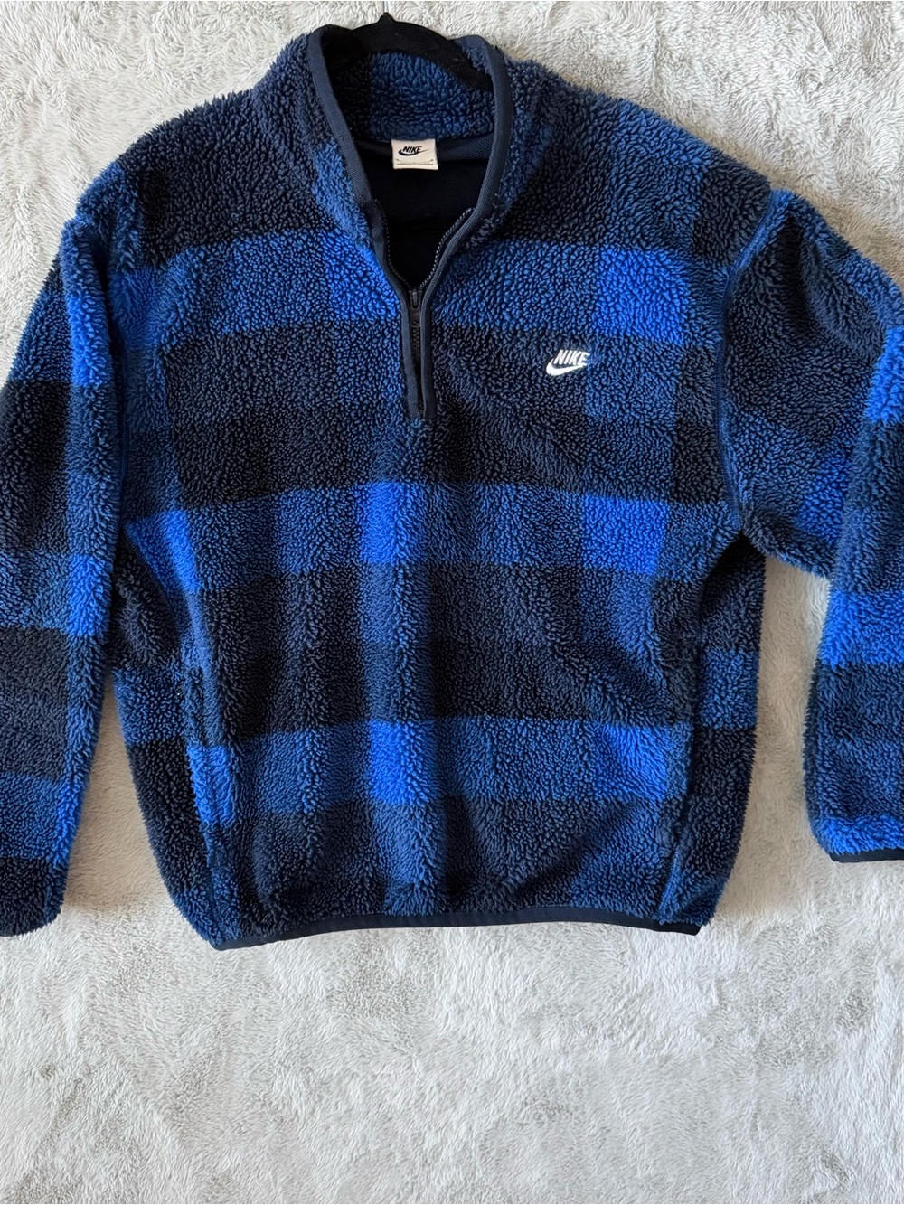 Nike Mens M Blue Buffalo Plaid Sherpa Fleece Quarter Zip Pullover